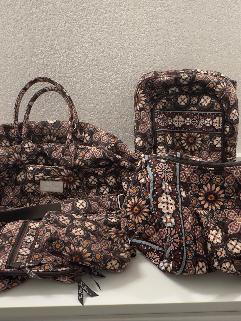 Vera Bradley Brown Floral Quilted Travel Bag 6 pc Set